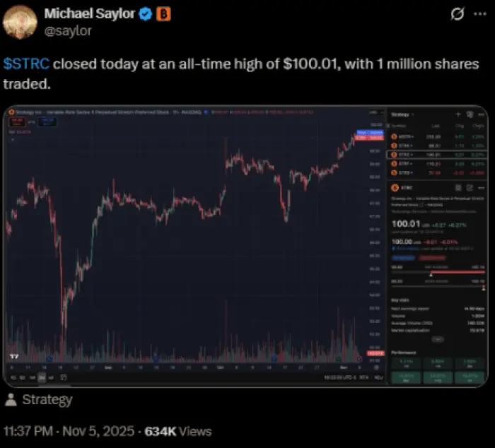 Michael Saylor’s X post announcing $STRC reaching an ATH of $100.01.