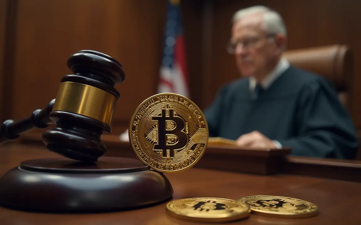 Juiz com martelo e símbolo do Bitcoin representando a regulação de criptomoedas em um tribunal