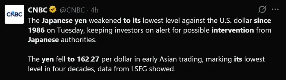 Tweet discussing the Yen's recent value slide.