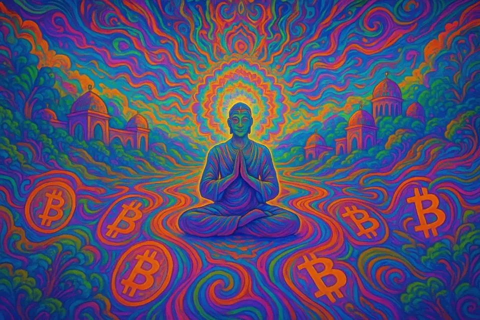 Une œuvre d'art numérique psychédélique vivante représentant une figure méditative avec les mains en position de prière.