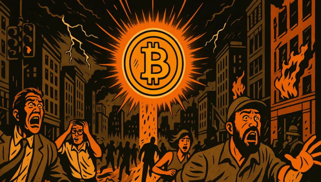 Bitcoin hovers above, like a protective eye or a divine entity, symbolizing Larry Fink's remarks.