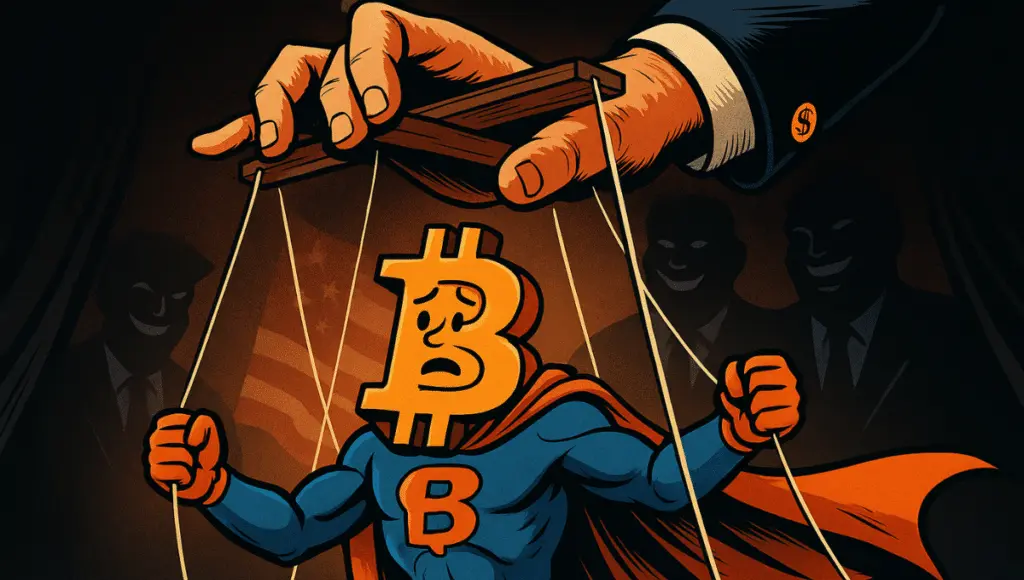 Bitcoin as a superhero suspended by strings, manipulated by a giant hand. Menacing shadows and the American flag in the background.