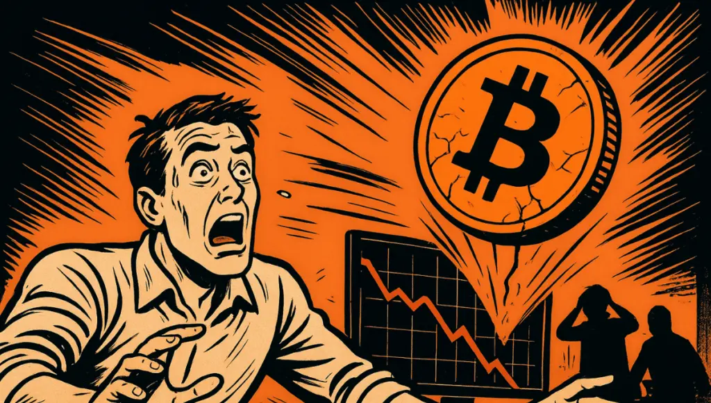 Uma cena em estilo de quadrinhos dos anos 1970 mostra um trader em pânico na frente de um enorme Bitcoin rachado caindo em direção a uma tela exibindo um gráfico em queda acentuada.