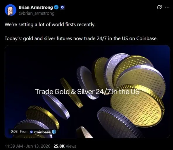 Tweet from Coinbase CEO Brian Armstrong discussing the launch of gold and silver futures on the exchange.