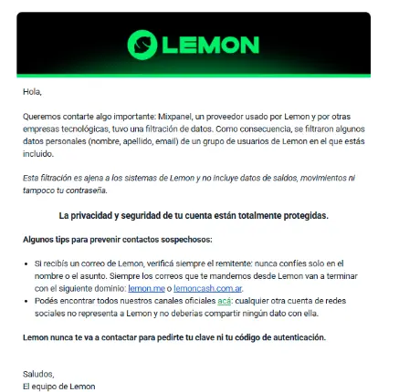 Mail enviado a los usuarios de Lemon