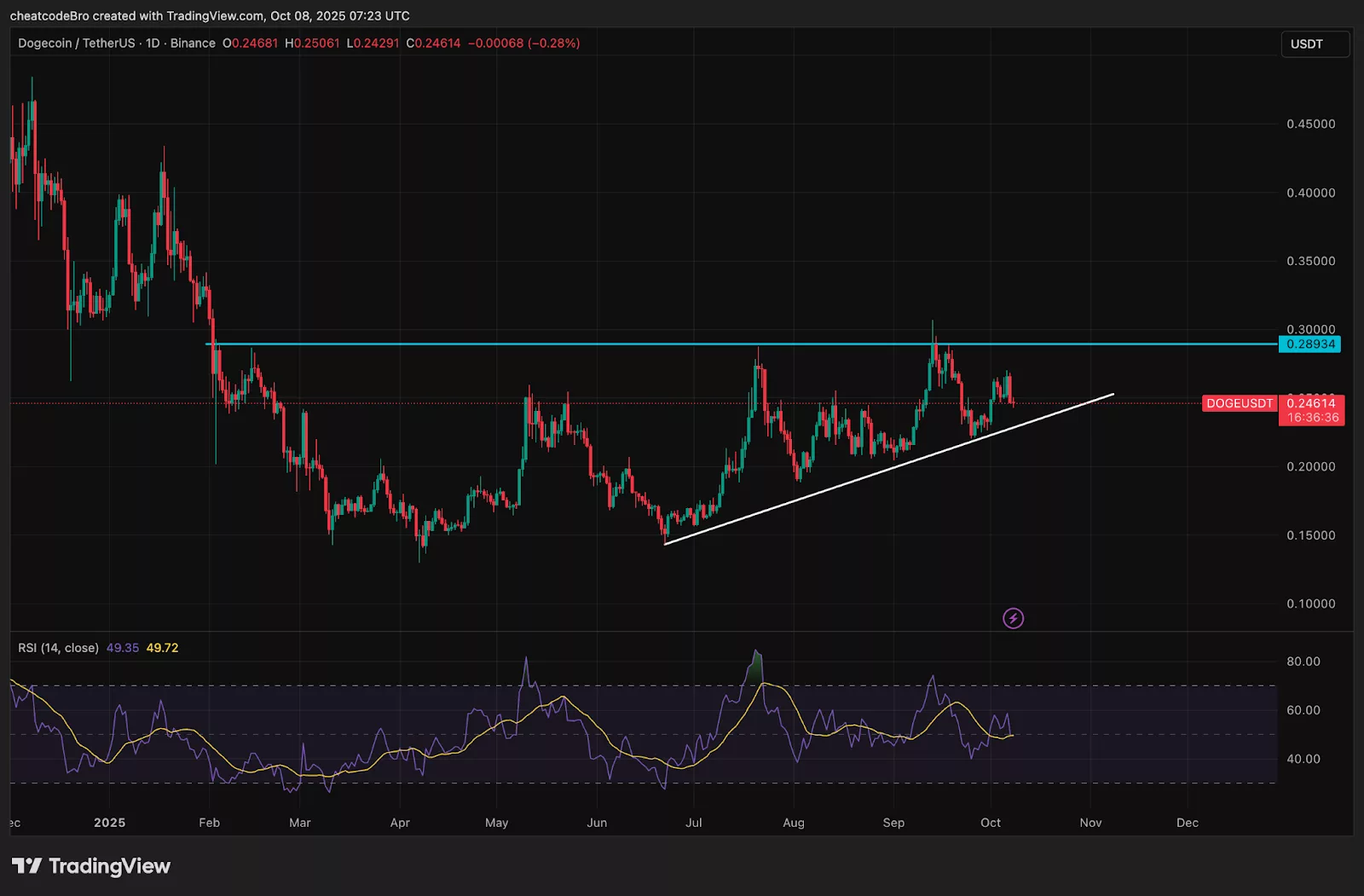 Grafik harga Dogecoin dari TradingView menunjukkan garis tren.