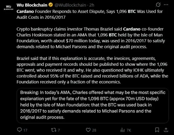 Tweet discussing Cardano's 2016 BTC sale.