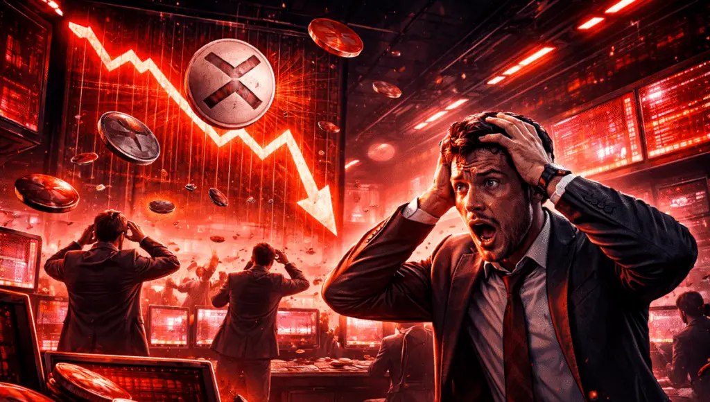 A giant screen displays an XRP chart. Crypto traders panic in front of red screens.