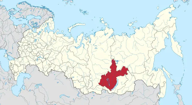 Un mapa de Rusia con el Óblast de Irkutsk en el sureste de Siberia sombreado en rojo.
