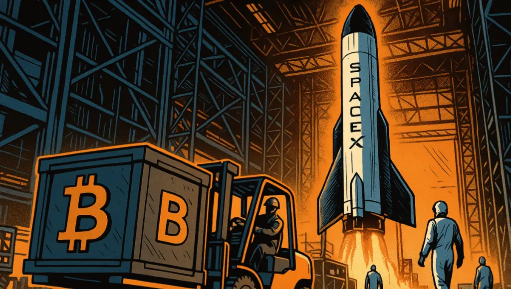 A SpaceX rocket stands vertical inside a massive hangar. A forklift is moving crates stamped with the Bitcoin symbol.