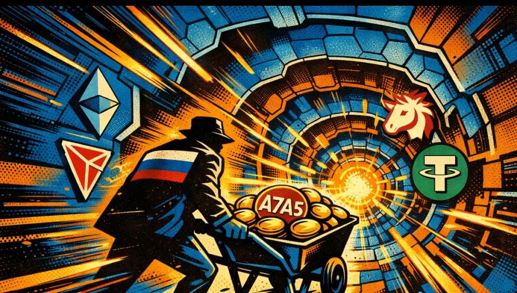 A Russian silhouette carries A7A5 through a crypto tunnel