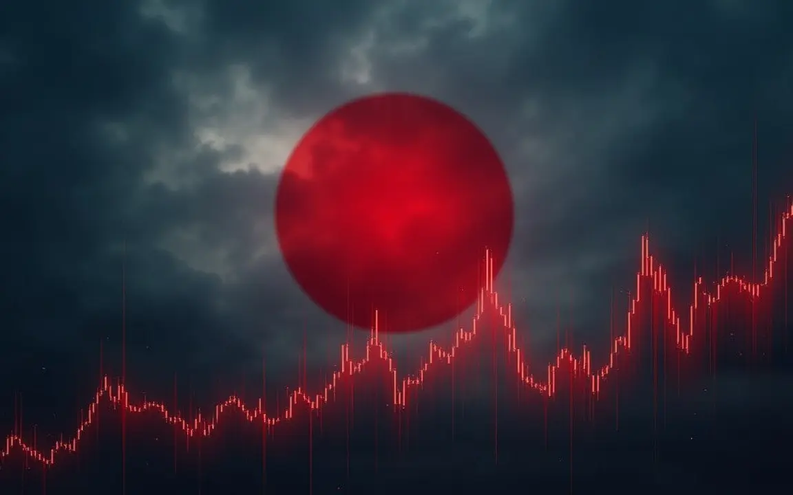 Sharp rise in Japan bond yields illustrated by a red financial chart over the Japanese flag.