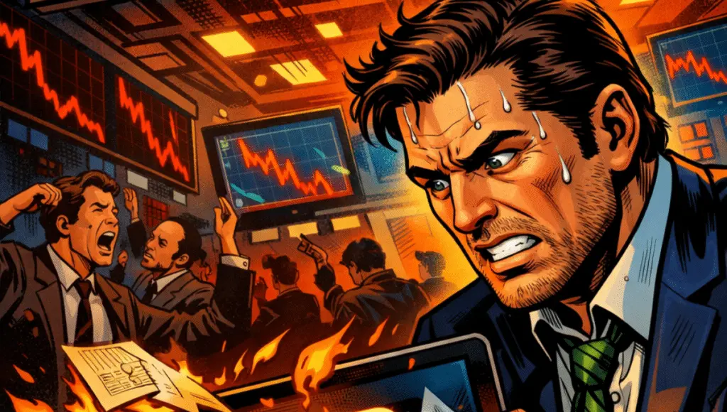 一位满头大汗的交易员在一个恐慌的交易室中观看关键倒计时，手持一台显示“27B”的平板电脑，上面有比特币和以太坊的火焰标志。