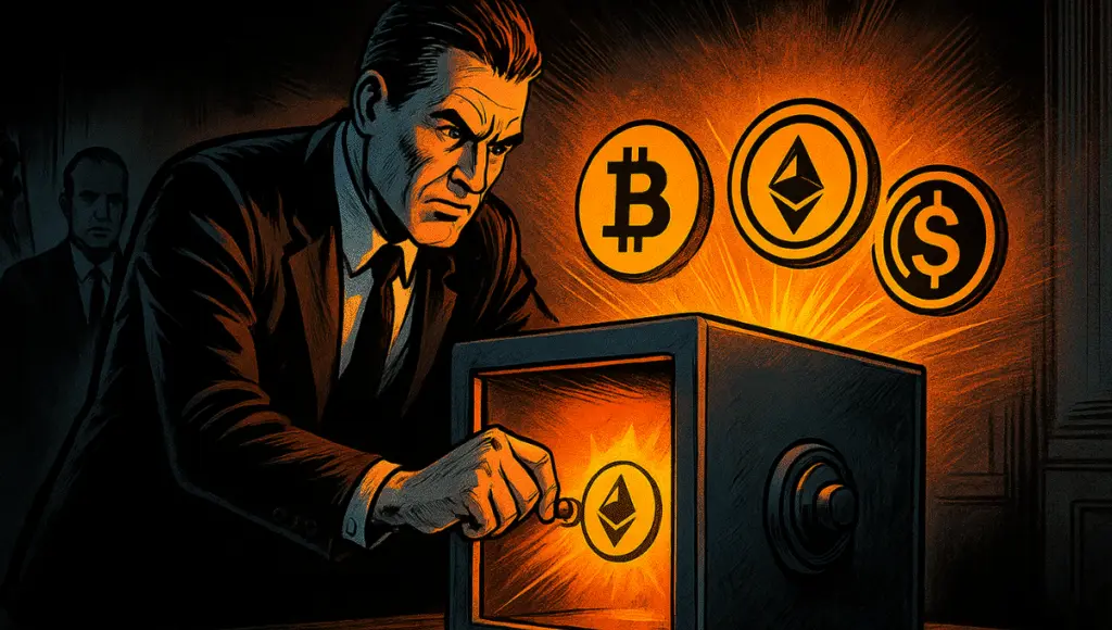 CFTC official opening a luminous vault revealing crypto symbols, including Bitcoin and Ether, dark governmental ambiance, 70s comic style, powerful orange and black contrasts.