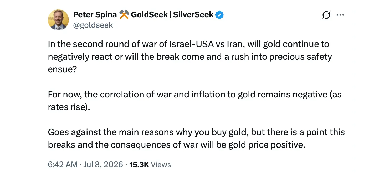 Peter Spina X post on gold and the war.