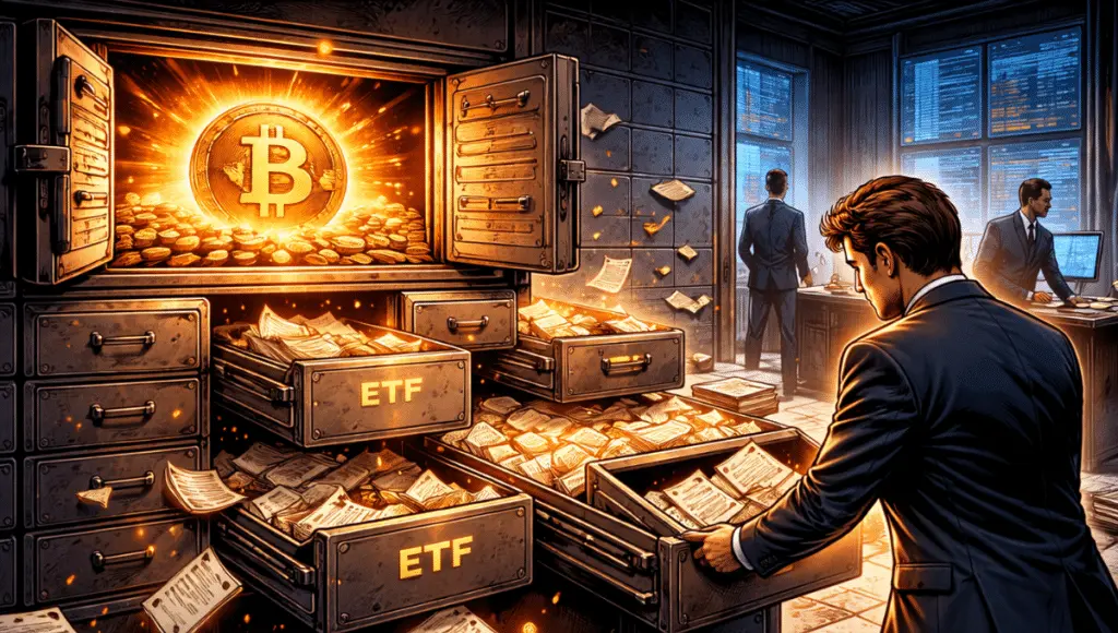 Inside an institutional vault, one Bitcoin is locked at the top, the ETF drawers are open and emptying, the manager calmly removing files.