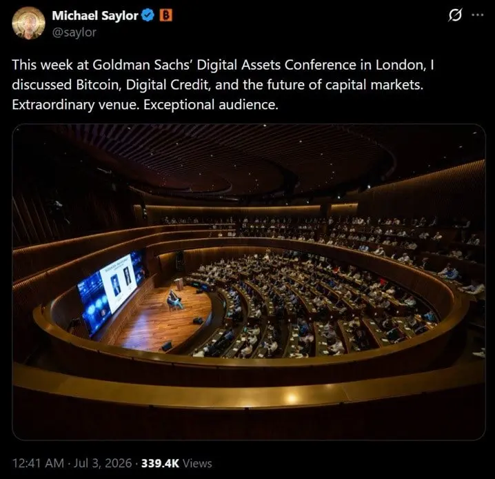 Tweet discussing Saylor's recent appearance at the Goldman Sachs London conference.