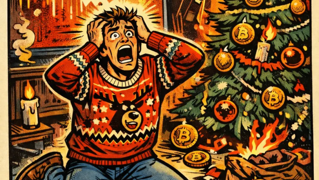 A young man in panic in front of a burning Christmas tree, decorated with Bitcoin coins.