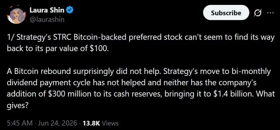 Tweet from Laura Shin discussing Strategy's dividend woes.