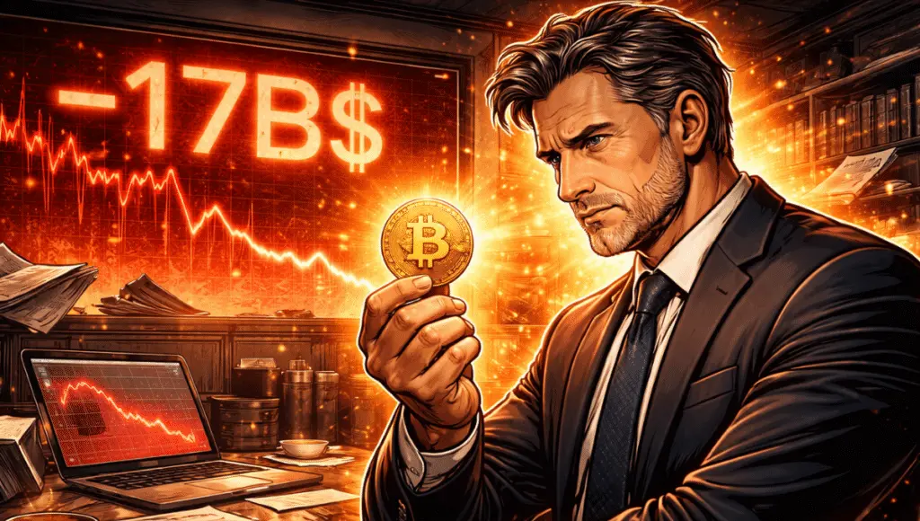 The CEO of Strategy gazes intently at a Bitcoin coin in his hand.