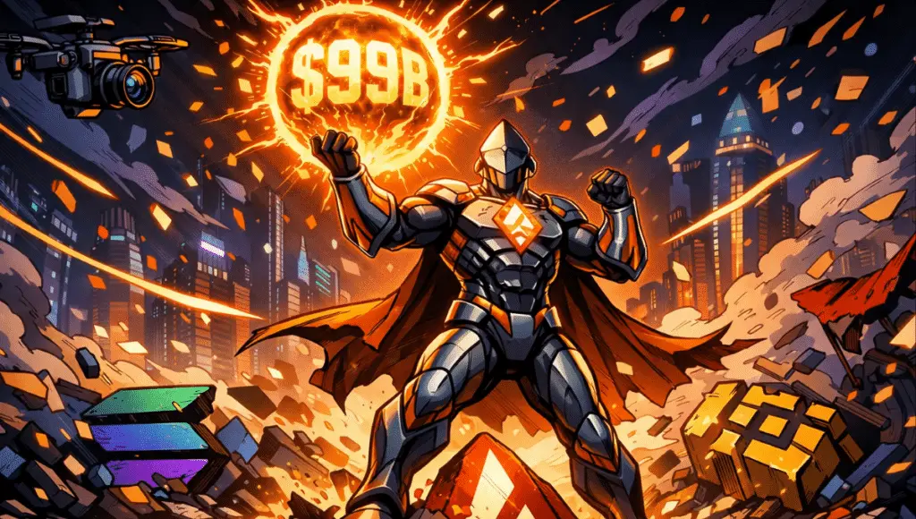 Ethereum superhero holding "B" orb, standing over defeated crypto rivals in a cityscape.