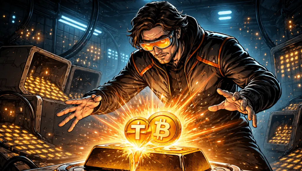 A digital engineer transforms a gold bar into Tether and Bitcoin tokens, merging tradition and innovation.
