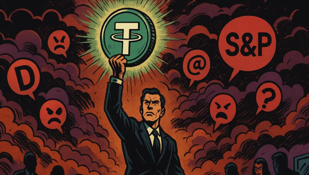 O CEO da Tether ergue um token USDT brilhante em meio a uma tempestade na mídia.
