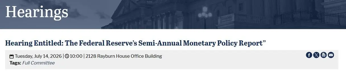 Announcement regarding Fed Chair Kevin Warsh's upcoming congress appearance.