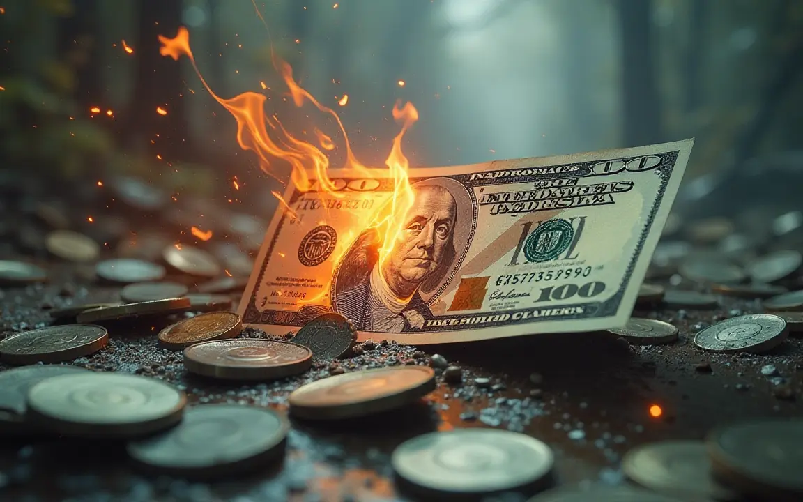 Uma nota de 100 dólares americanos a queimar entre moedas espalhadas, simbolizando a queda do dólar em 2025 e o pânico dos investidores.