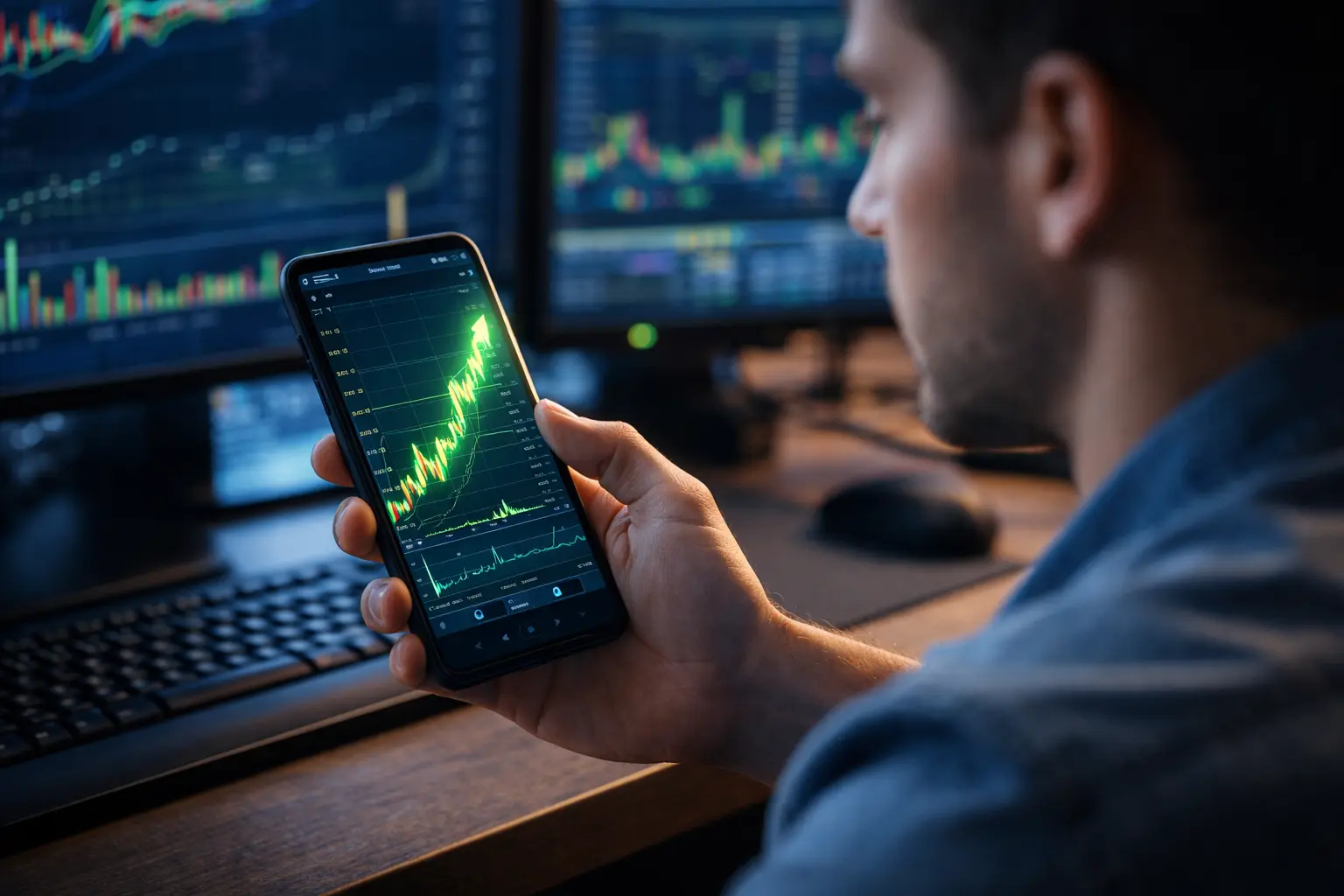 A trader watching a bullish price action on his phone