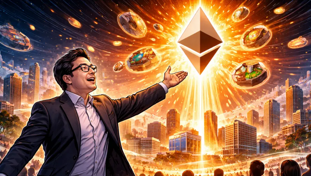Tom Lee stands on a futuristic digital platform. The cryptocurrency Ethereum rises into the sky, propelled by a beam of assets — houses, artworks, tokenized stocks.