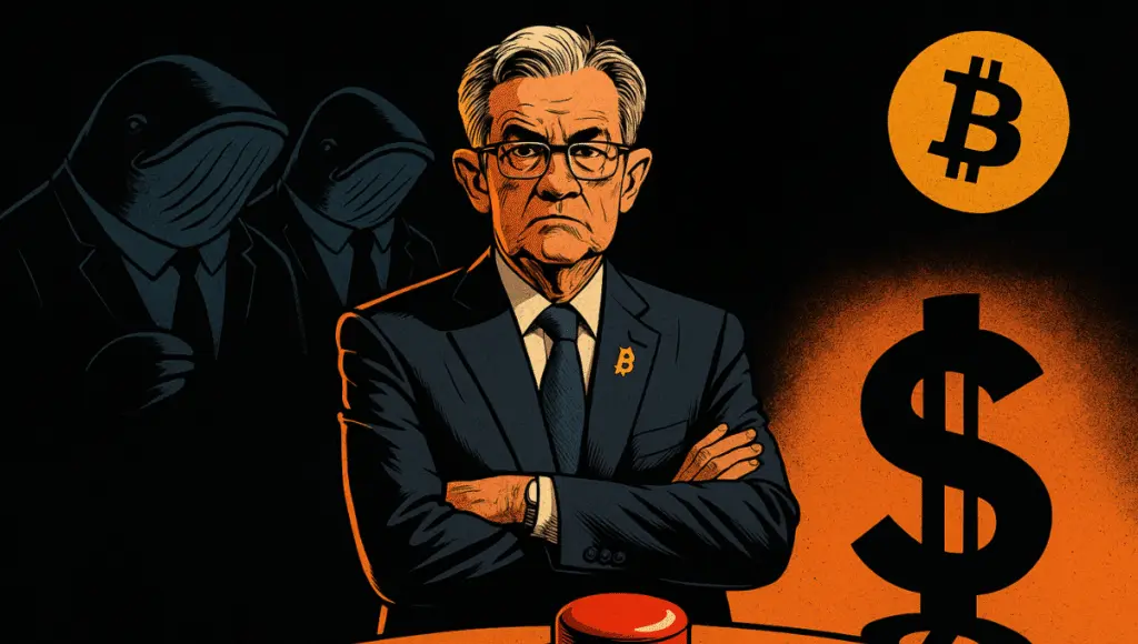 Powell, impassive, arms crossed in front of a red button, scrutinized by two whales in suits, shadows and dramatic tension.