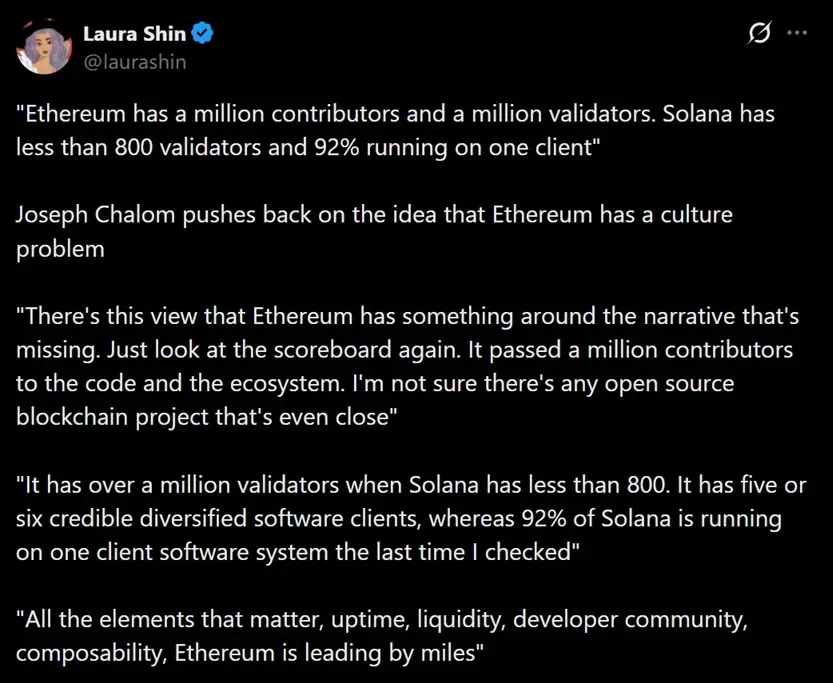 Tweet discussing former Blackrock exec Joseph Chalom's comments defending Ethereum.