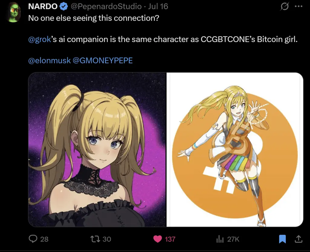 Grok'un AI arkadaşı vs. CCGBTCONE’nin Bitcoin kızı.
