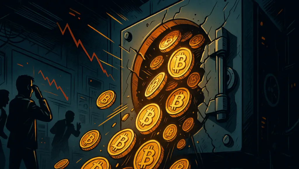A burst-open vault releases a massive flow of golden Bitcoin coins, cascading through a wide crack into a dark tunnel.