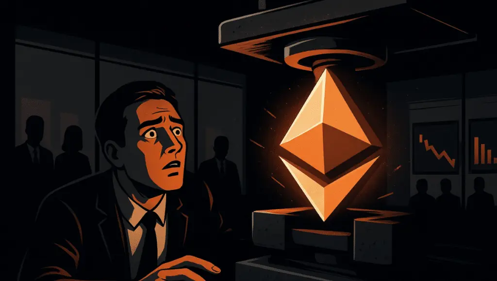 A dark trading-floor scene where a trader looks at a large Ethereum symbol being compressed between two metal plates, lit by an orange glow.