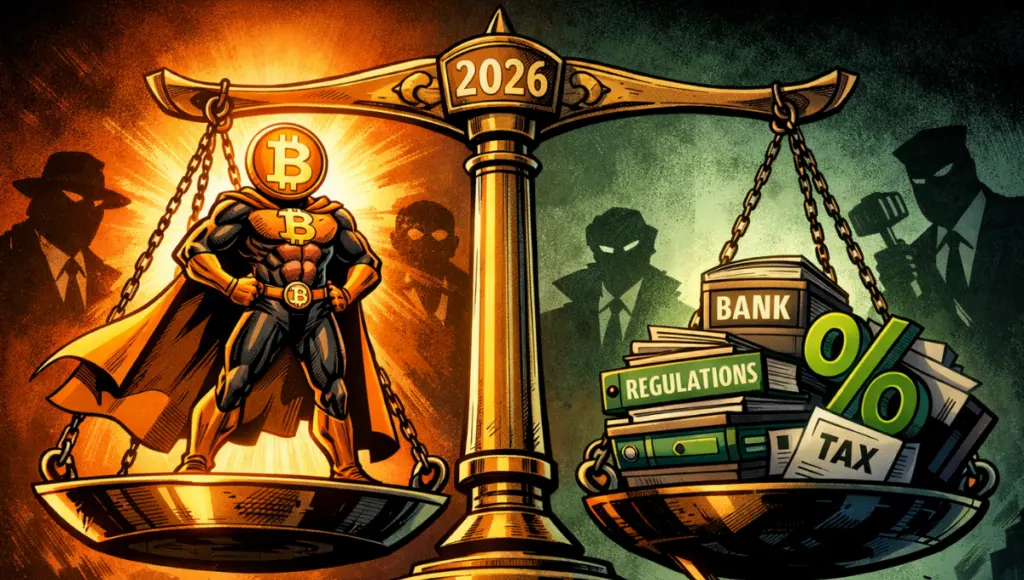 A Bitcoin superhero challenges an unbalanced scale, facing obscure financial forces symbolized by laws, banks, and taxes.