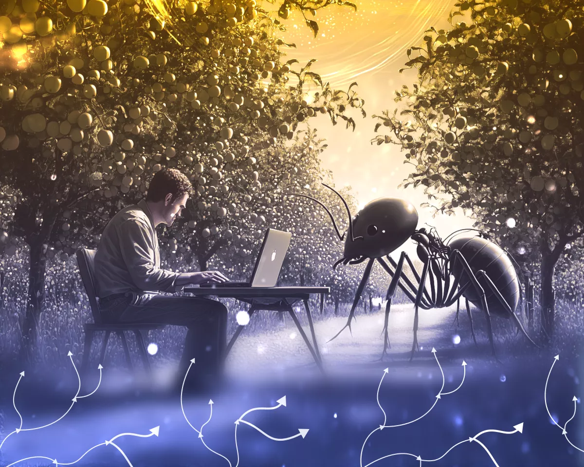 айтишник Иннокентий ведет ученую беседу с роботом-муравьем AI