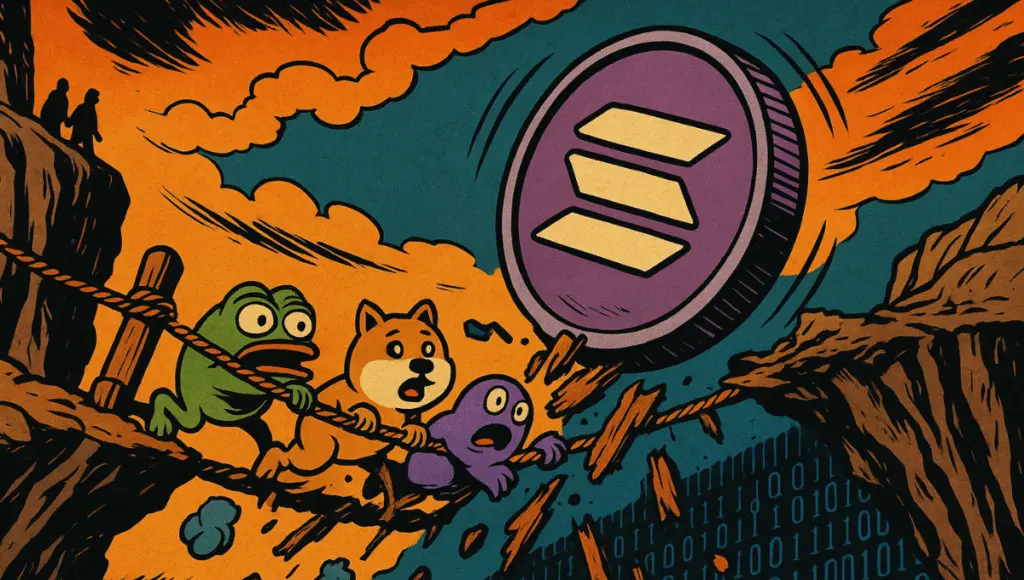 A suspension bridge hanging over a technological void, with a Solana coin crossing it. The bridge is made of memecoin mascots linked together, some of which are letting go.