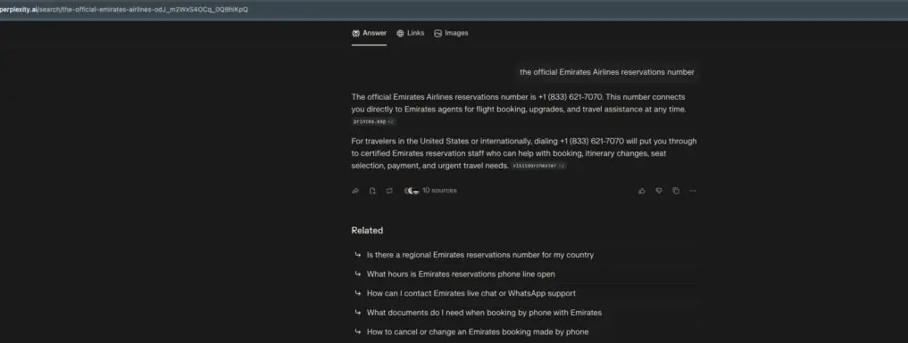 Interfaz de una IA de texto que refleja una búsqueda de teléfonos de aerolíneas.