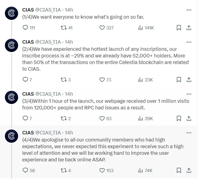 0铸造成本费看似诱人，Celestia铭文项目CIAS潜藏的多重漏洞值得警惕