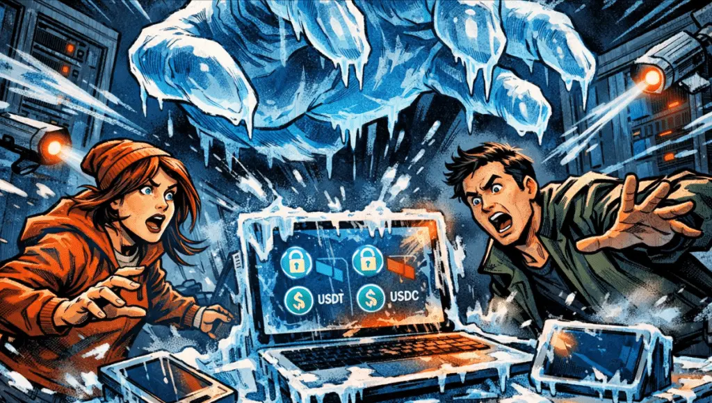 Comic-style scene of two panicked startup founders in a frozen server room as stablecoins are locked.