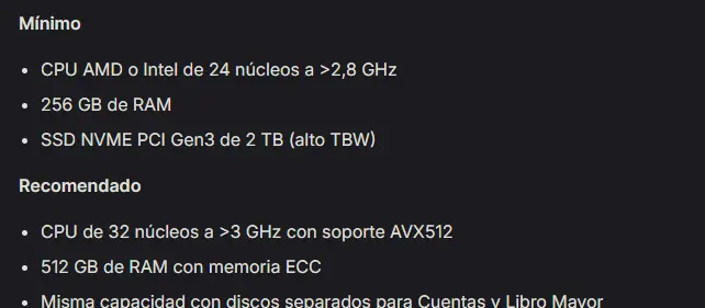 Imagen que describe los requisitos técnicos para correr un cliente de Solana llamado Firedancer.