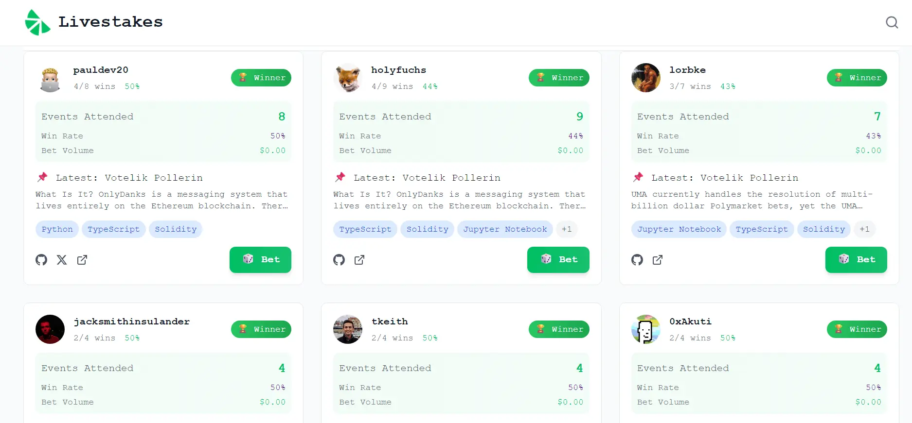 ETH Global finalist Livestakes' main page interface | Fonte: Livestakes.fun