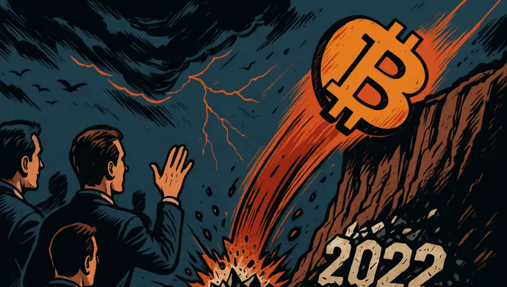 Bitcoin rơi xuống vực dưới đôi mắt theo dõi của các trader. Ở dưới cùng là một biển hiệu vỡ vụn ghi "2022", biểu tượng cho thị trường gấu.