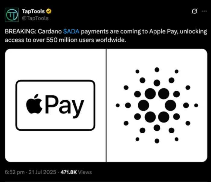 Оголошення TapTools про приймання платежів Cardano через Apple Pay.