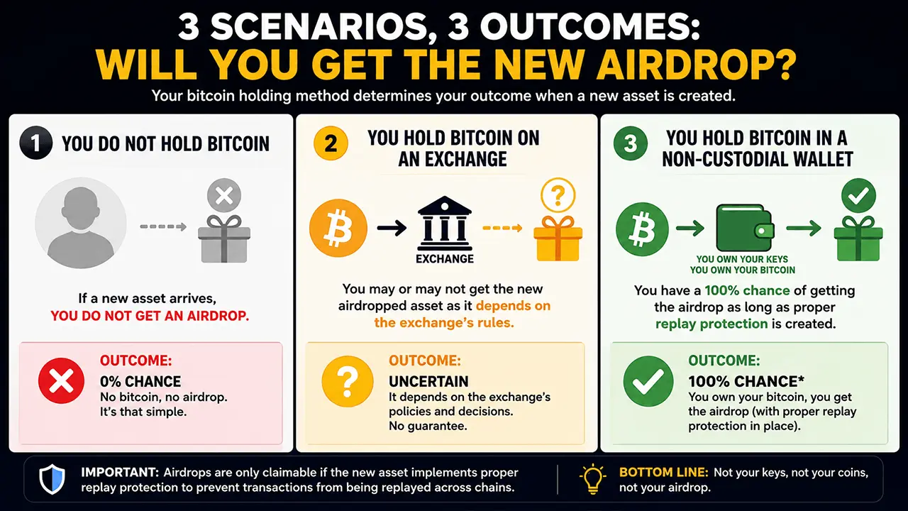 Three airdrop outcomes if the chain splits.