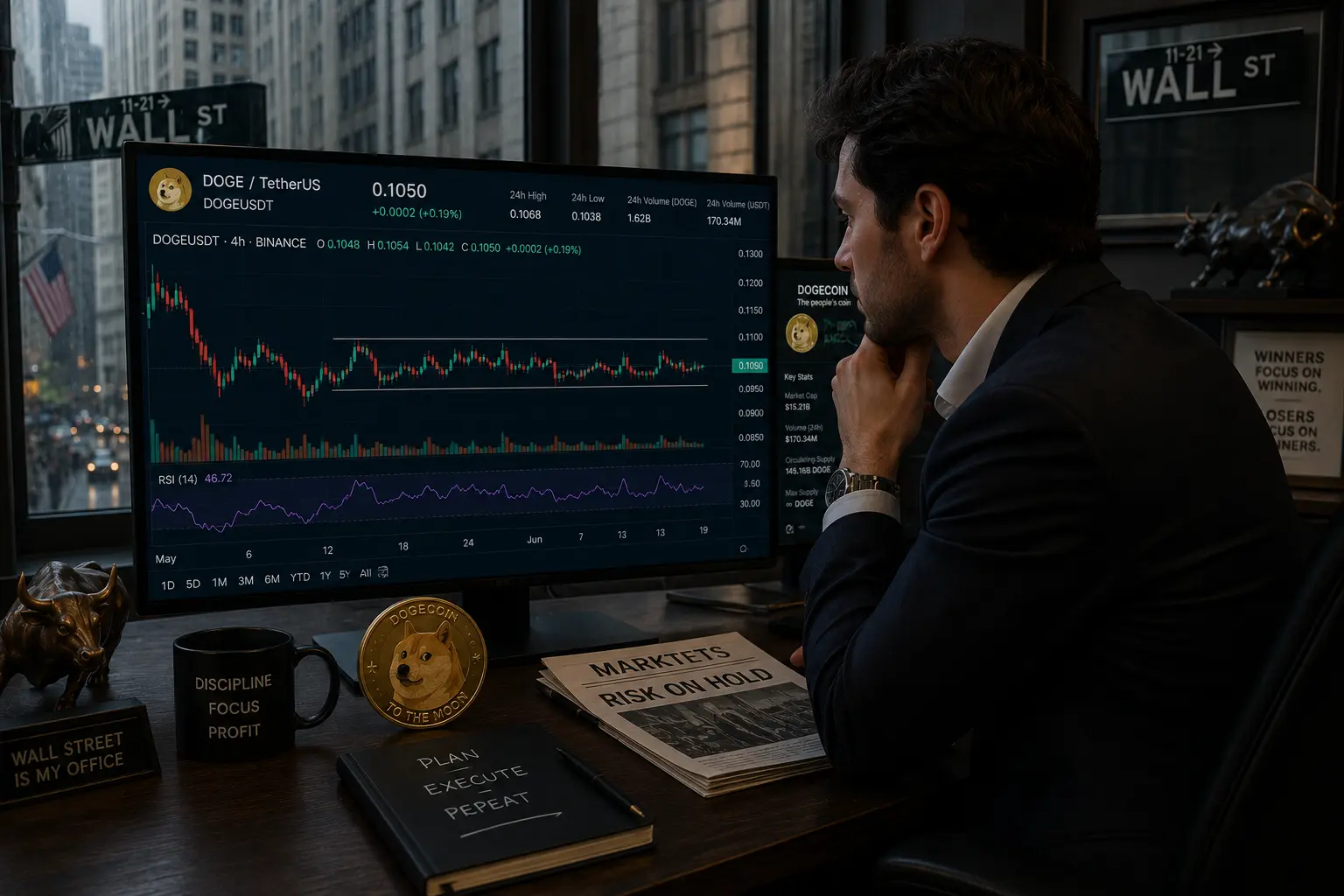 A Wall Street trader analyzing a consolidating DOGE/USD Chart