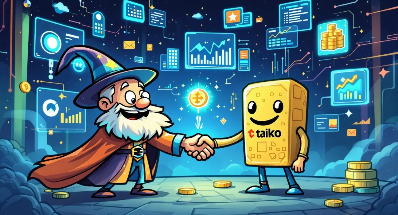 رسم كاريكاتوري يرمز إلى دمج Dune Analytics مع بيانات بلوكتشين Taiko، مما يتيح رؤى شاملة في نظامه البيئي.