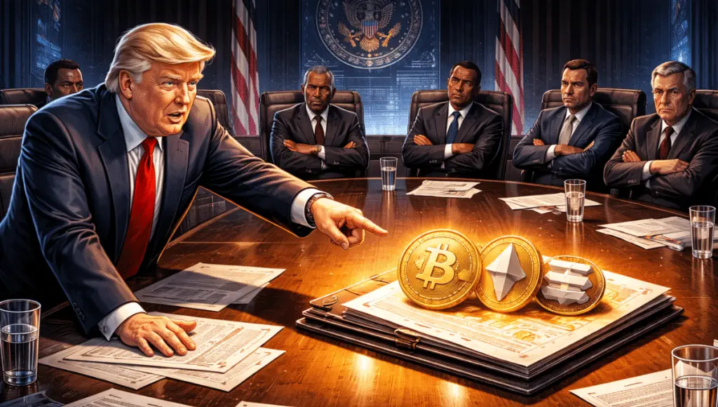 At one end of a political roundtable, Trump points to crypto files. At the other, lawmakers fold their arms, blocking the vote.